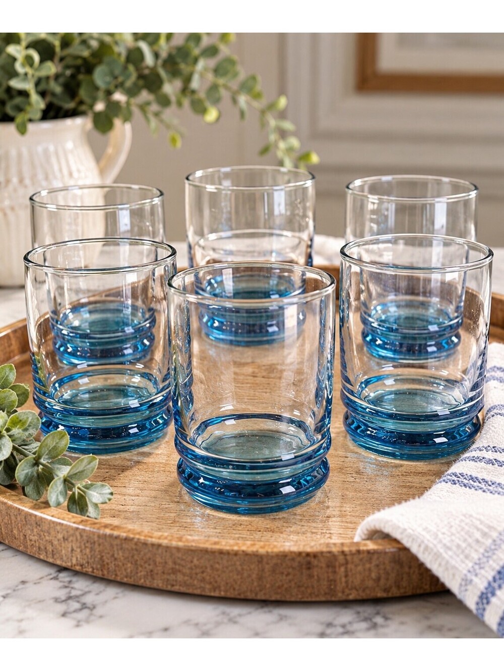Vintage Anchor Hocking Saturn Blue Tumblers Clear Blue Base Glasses Set of 6